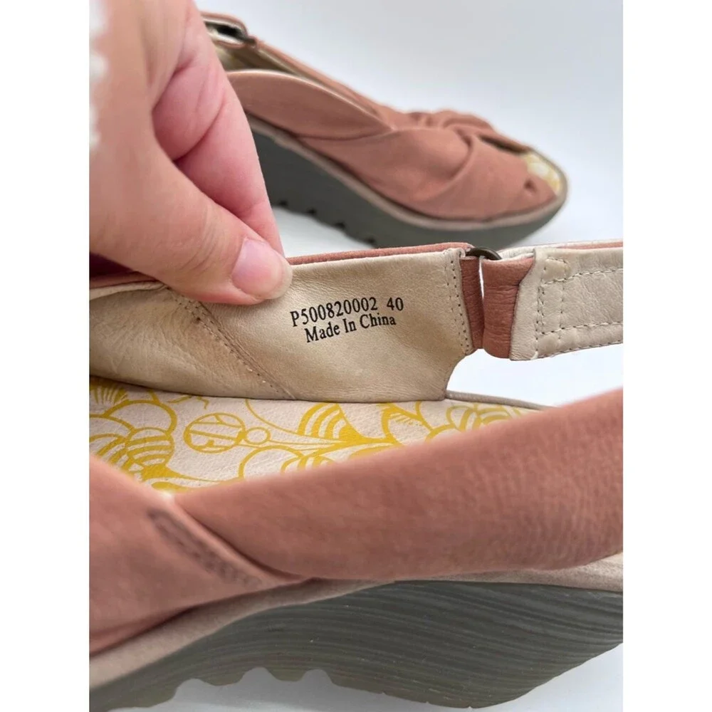 FLY LONDON Yata Pink Nubuck Suede Wedge Sling Back Peep Toe Sandals size 40